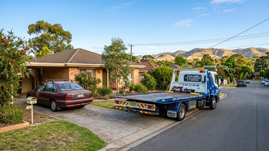 A professional flatbed tow truck arriving at an Adelaide suburban home to collect an unwanted car