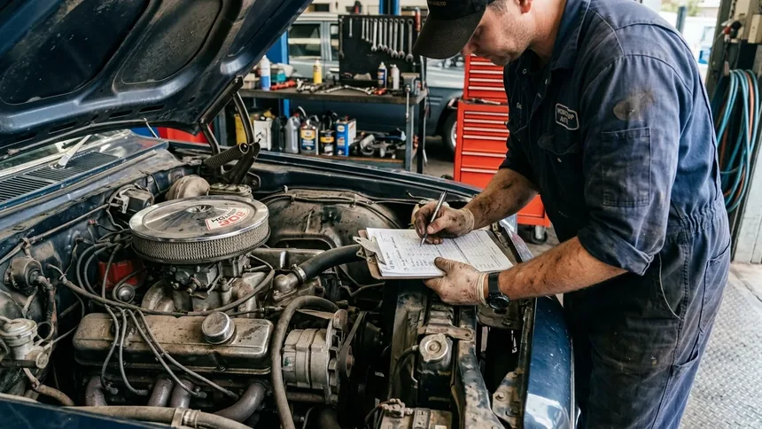A mechanic assessing a car engine bay and writing a cash offer quote on a clipboard