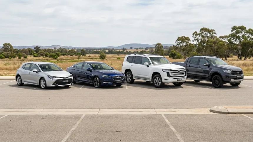 A lineup of different Australian car types including hatchback, sedan, SUV and ute parked side by side