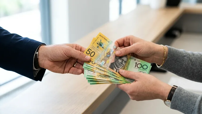 Australian banknotes being counted and handed over as cash payment for a scrap car in Adelaide