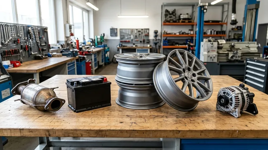 High-value car parts including a catalytic converter, car battery, alloy wheels and alternator laid out on a workshop bench