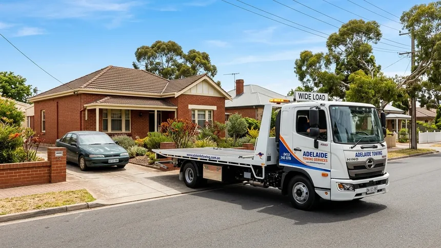 A professional flatbed tow truck arriving at a suburban Adelaide home for free car removal pickup