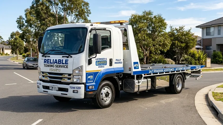 A clean professional licensed tow truck with business signage parked on an Adelaide street