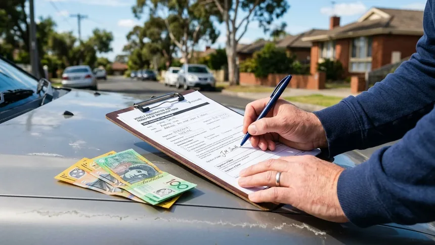A vehicle transfer of ownership form being signed on a car bonnet with Australian cash payment visible beside it