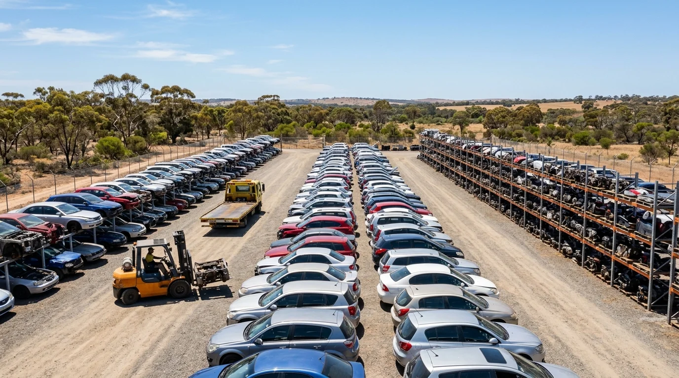 An organised Australian auto wrecking yard with rows of end-of-life cars, parts shelving and a flatbed tow truck under a clear blue sky