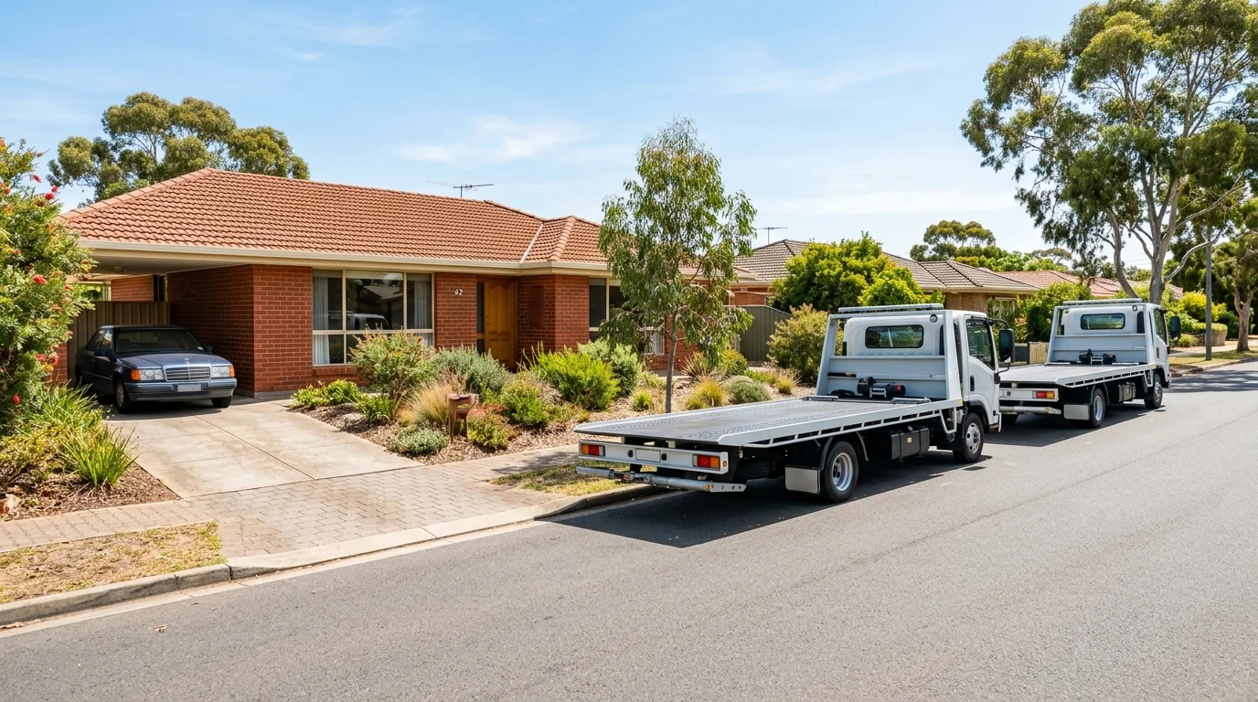 Two flatbed tow trucks parked on a suburban Adelaide street outside a red-brick home with an older sedan in the driveway
